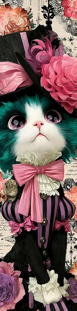 Cat bookmarks design of a pretty dress cat with hat and teal fur